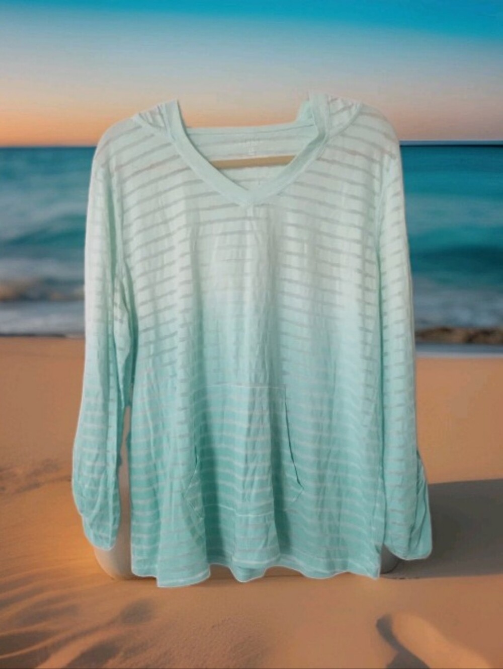 NWOT Sonoma Semi Sheer Striped Ombre Hoodie Top 1X